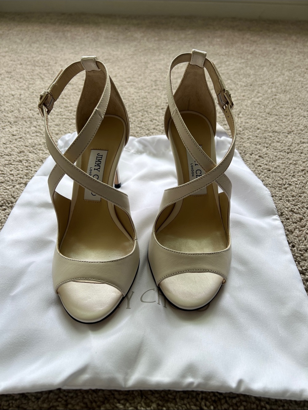 Jimmy Choo Ivory Crisscross Peep-Toe Heels